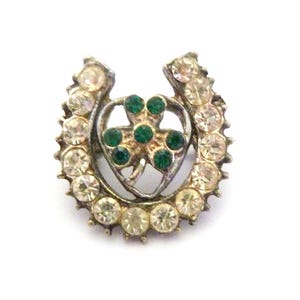 Vintage Small Irish Style Rhinestone Detailed Horseshoe And Shamrock Design Brooch, 60s Jewellery