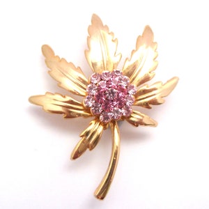 Vintage Brooch, Pink Rhinestone Detailed Leaf Design Pin, 90s Jewellery.