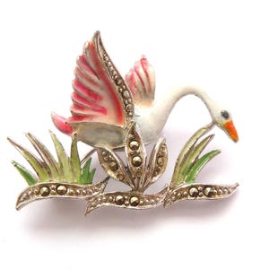 Vintage Small Marcasite And Cold Painted Enamel Swan Bird Design Brooch, 50s Jewellery