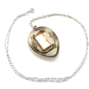 Vintage Modernist Stainless Steel Necklace: Mother of Pearl Pendant, 70s Jewelry