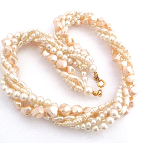 Vintage Five Stranded Faux Pearl Mixed Bead Design Bead Twisted Torsade Choker Necklace, 80s Jewellery