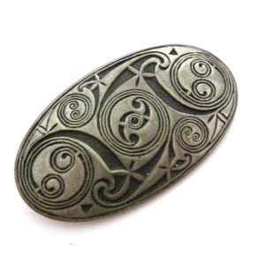 Vintage Pewter Celtic Pictish Spiral Detailed Oval Shaped Brooch By St Justin, 90s Jewellery.