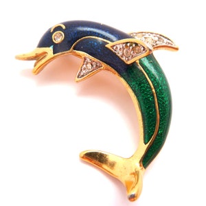 Vintage Enamel And Rhinestone Detailed Dolphin Design Statement Brooch, 80s 90s Jewellery
