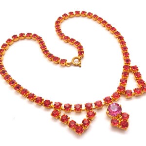 Vintage Pink Rhinestone Set Geometric Drop Design Vibrant Statement Choker Necklace, 50s 60s Jewellery