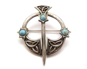 Vintage Scottish Style Abstract Sword And Shield Faux Turquoise Glass Set Celtic Design Brooch, 70s 80s Jewellery