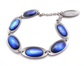 Vintage Stainless Steel And Blue Shell Modernist Style Bracelet With  Artemis Goddesss Engraving To The Toggle, 70s 80s Jewellery.