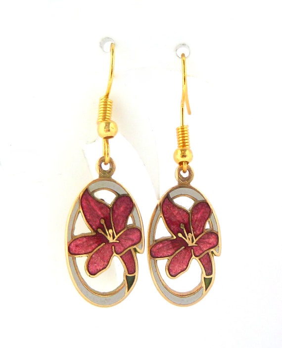 Vintage Cloisonne Enamel Red Flower Drop Design E… - image 5