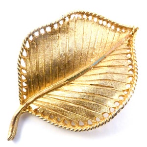 May include: A gold-toned leaf-shaped brooch with a detailed, textured design and a scalloped edge.