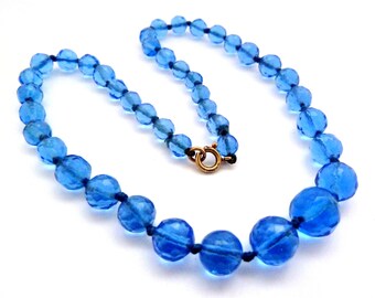 Vintage Art Deco Necklace, Hand Knotted Facted Blue Glass Bead Choker, 40s jewellery.