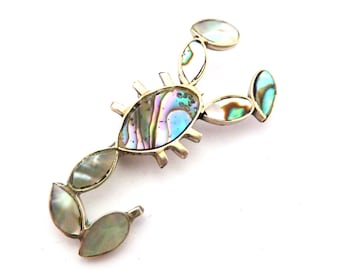 Vintage Abalone Shell  Alpaca Silver Mexican Made Scorpion Design Brooch, 90s Jewellery