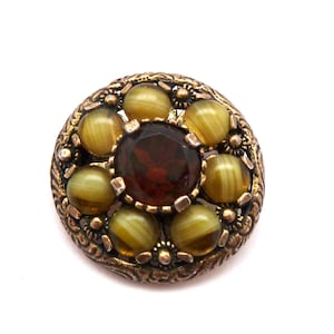 Vintage Small Miracle Scottish Shield Design Faux Agate And Cairngorm Stone Celtic Design Brooch, 60s 70s Jewellery.