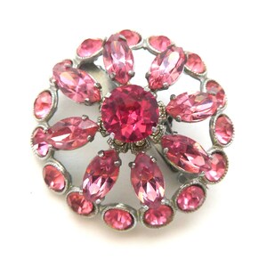 Vintage Raised Pink Rhinestone Abstract Floral Modernist Design Mid Century Statement Design Brooch With Safety Chain, 50s Jewellery