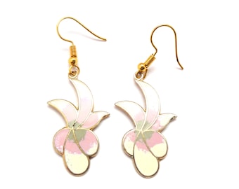 Pendientes colgantes florales con diseño de flores rosas y blancas de esmalte cloisonné vintage, joyas de los años 80 y 90