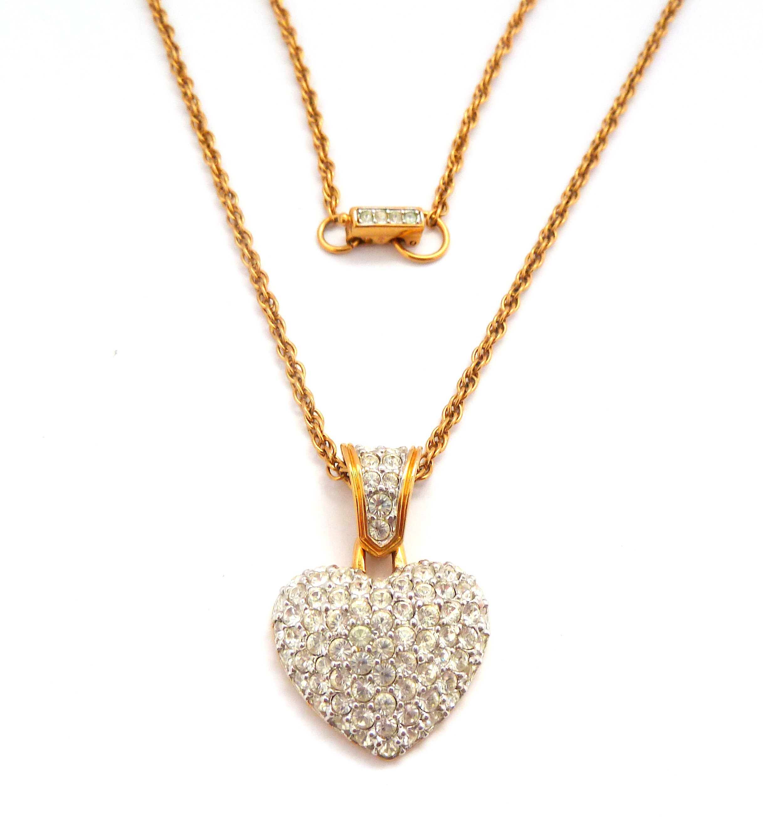 Vintage Necklace, Gold Plated Crystal Heart Design Pendant