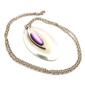 Vintage Large Stainless Steel And Purple Shell Modernist Style Necklace, 70s 80s Jewellery.