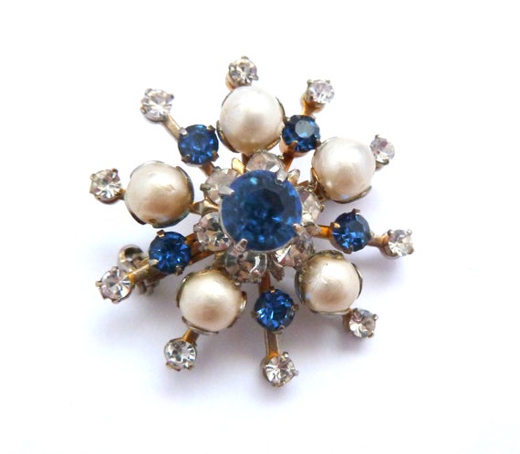 Vintage Star Burst Atomic Style Brooch With Blue … - image 3