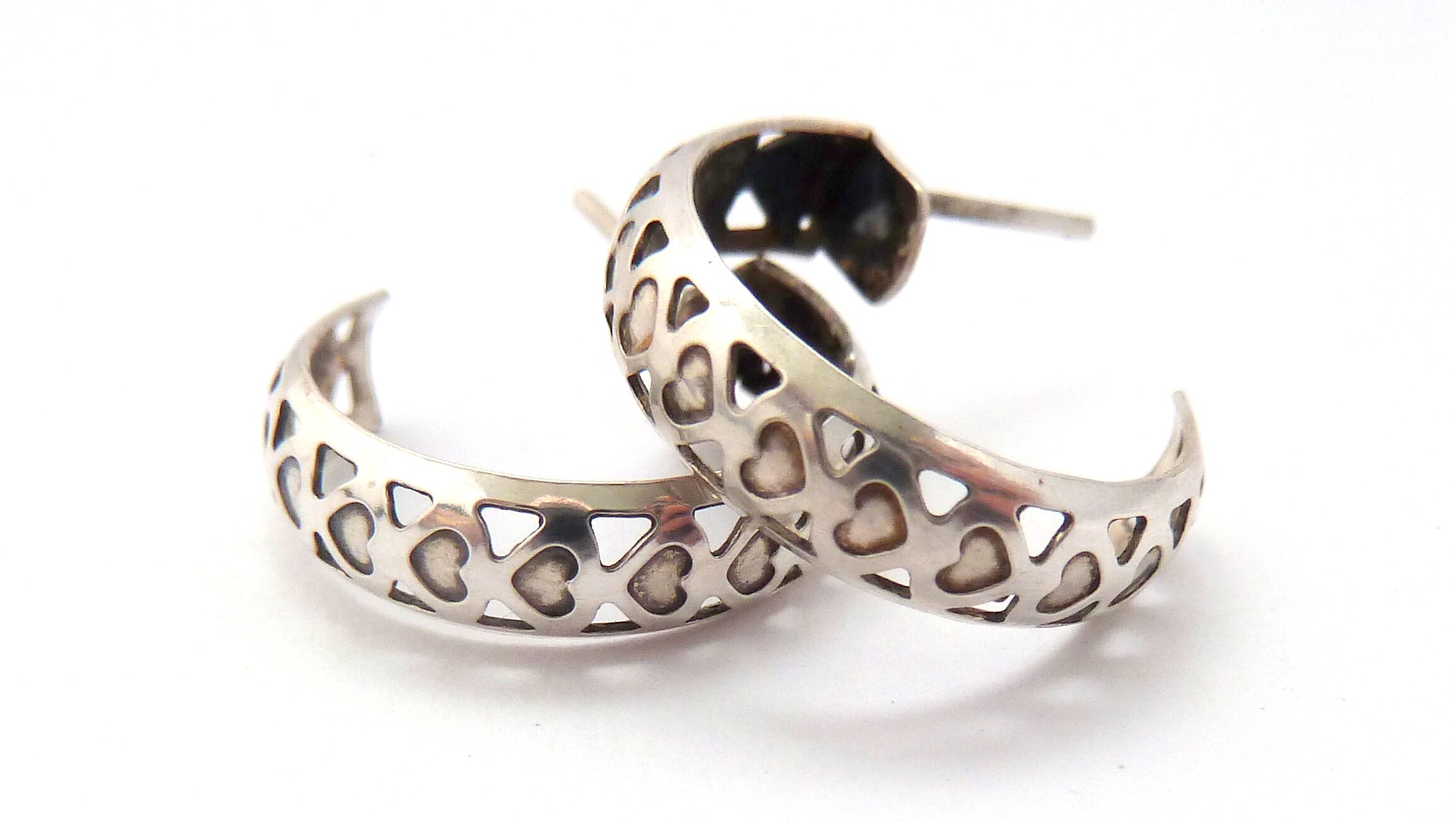 Vintage Sterling Silver Heart Detailed Hoop Earrings, 70s