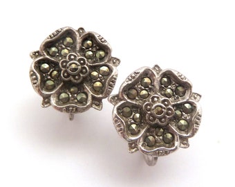 Vintage Marcasite Set Tudor Rose Design Screw Back Earrings, 50s Jewellery