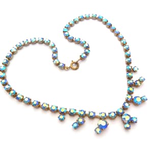Vintage Blue Aurora Borealis Rhinestone Set Statement Design Choker Necklace, 50s 60s Jewellery
