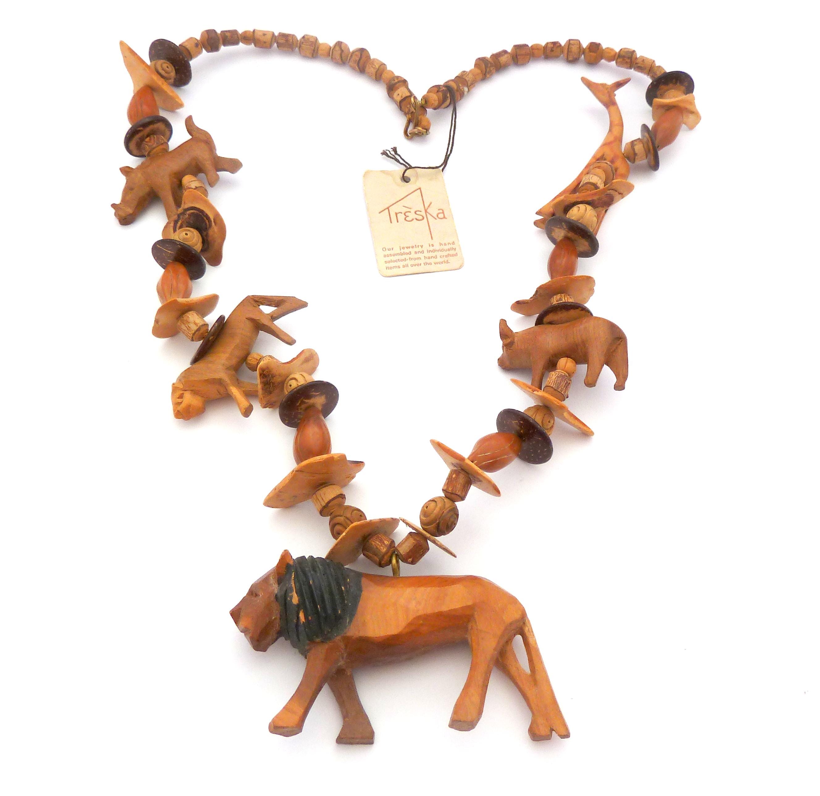 Vintage Chunky Hand Crafted Wooden Bead Safari Animal Design Long Length Necklace By Treska, 80s 90s Jewellery