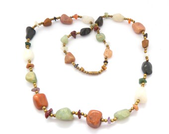Vintage Mixed Agate And Gemstone Chip Beaded Matinee Length Necklace, 80s Jewellery
