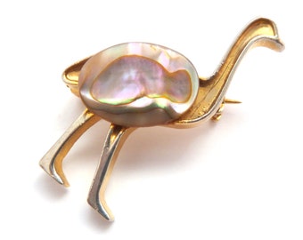 Vintage Brooch Abalone Shell Set Ostrich Bird Style Pin, 80s 90s Jewellery