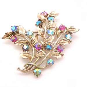 Vintage Large Aurora Borealis Rhinestone Set Leaf Statement Design Brooch, 50s Jewellery