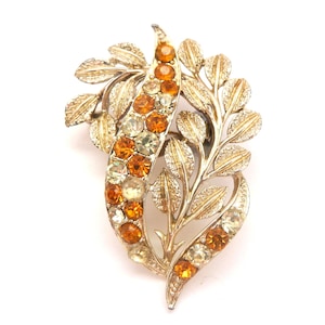 Vintage Large Amber Yellow Rhinestone Set Leaf Design Brooch, 50s Jewellery
