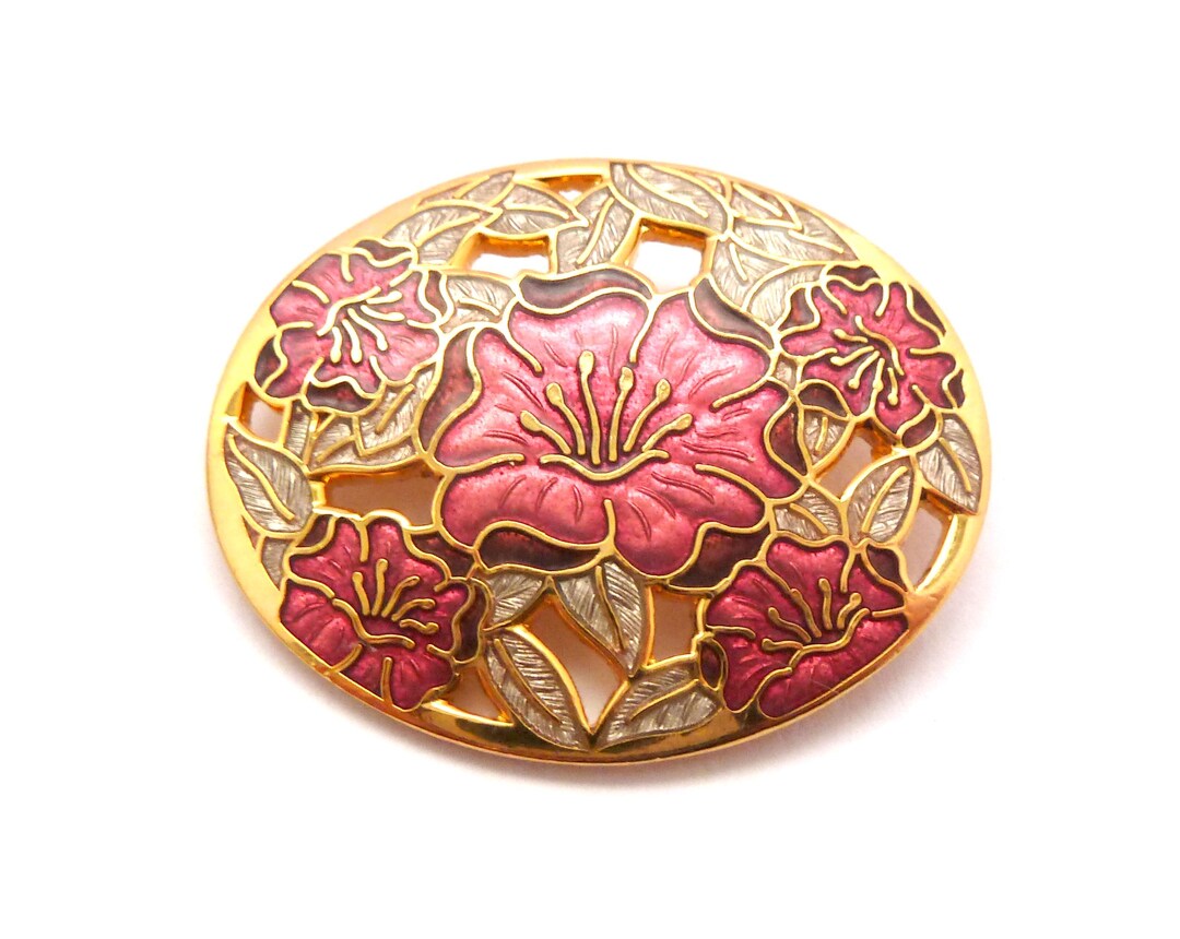 Vintage Fish and Crown Red Cloisonne Enamel Flower Design Brooch,