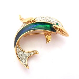 Vintage Small Enamel And Crystal Rhinestone Set Dolphin Design Brooch By Attwood And Sawyer, 80s 90s Jewellery.