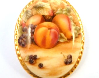 Vintage Aynsley  Orchard Gold Fruit Harvest Scene Ceramic Bone China Brooch, 70s 80s jewellery