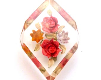 Broche Vintage En Lucite - Fleurs Et Hirondelles - Matière Laiton Et Résine - Occasion