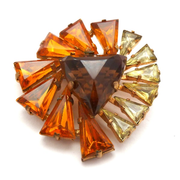 Vintage Large Amber,  Citrine And Smoky Topaz Rhinestone Set Statement Modernist Design Brooch, 60s 70s Jewellery