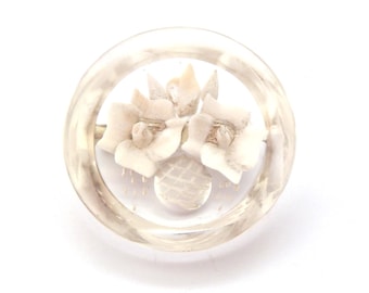 Vintage Small Reverse Carved Lucite Floral Basket Flower Design Brooch, 40s 50s Jewellery