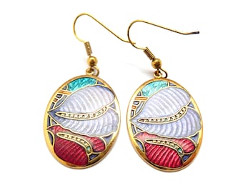 Pendientes colgantes con diseño de hoja abstracta de esmalte Cloisonne vintage, joyería de los años 80 y 90.