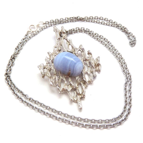 Vintage Necklace, Large Blue Lace Agate Gem Set Textured Brutalist Style Pendant And Long Chain, 70s 80s Jewellery.
