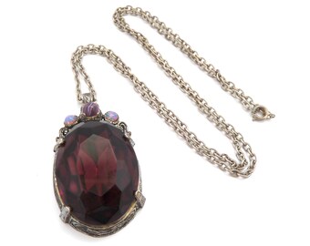 RÉSERVÉ : grande fausse améthyste de style celtique vintage, opale de feu et pendentif en verre de porphyre et collier bijoux miracle des années 70