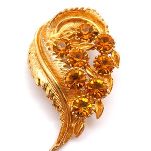 Vintage Modernist Style Abstract Leaf Design Amber Rhinestone Set Brooch, 50s 60s Jewellery