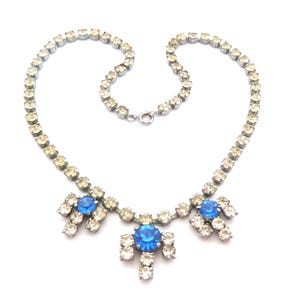 Vintage Blue And Clear Rhinestone Set Triple Drop Geometric Design Choker Necklace, 50s 60s Jewellery