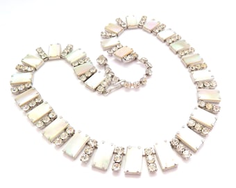 Collar vintage madre de perla y pedrería de cristal conjunto collar de gargantilla de longitud ajustable, joyería de los años 50 y 60