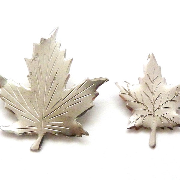 Two Vintage Sterling Silver Maple Leaf Design Brooches , 50s 60s Jewellery