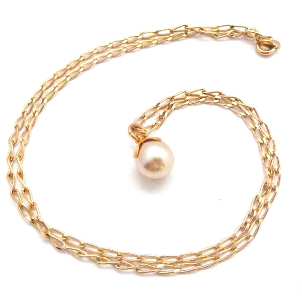 Vintage 18K Gold Plated Dainty Faux Pearl Pendant And Barley Corn Link Style Chain Neckace, 90s Jewellery .