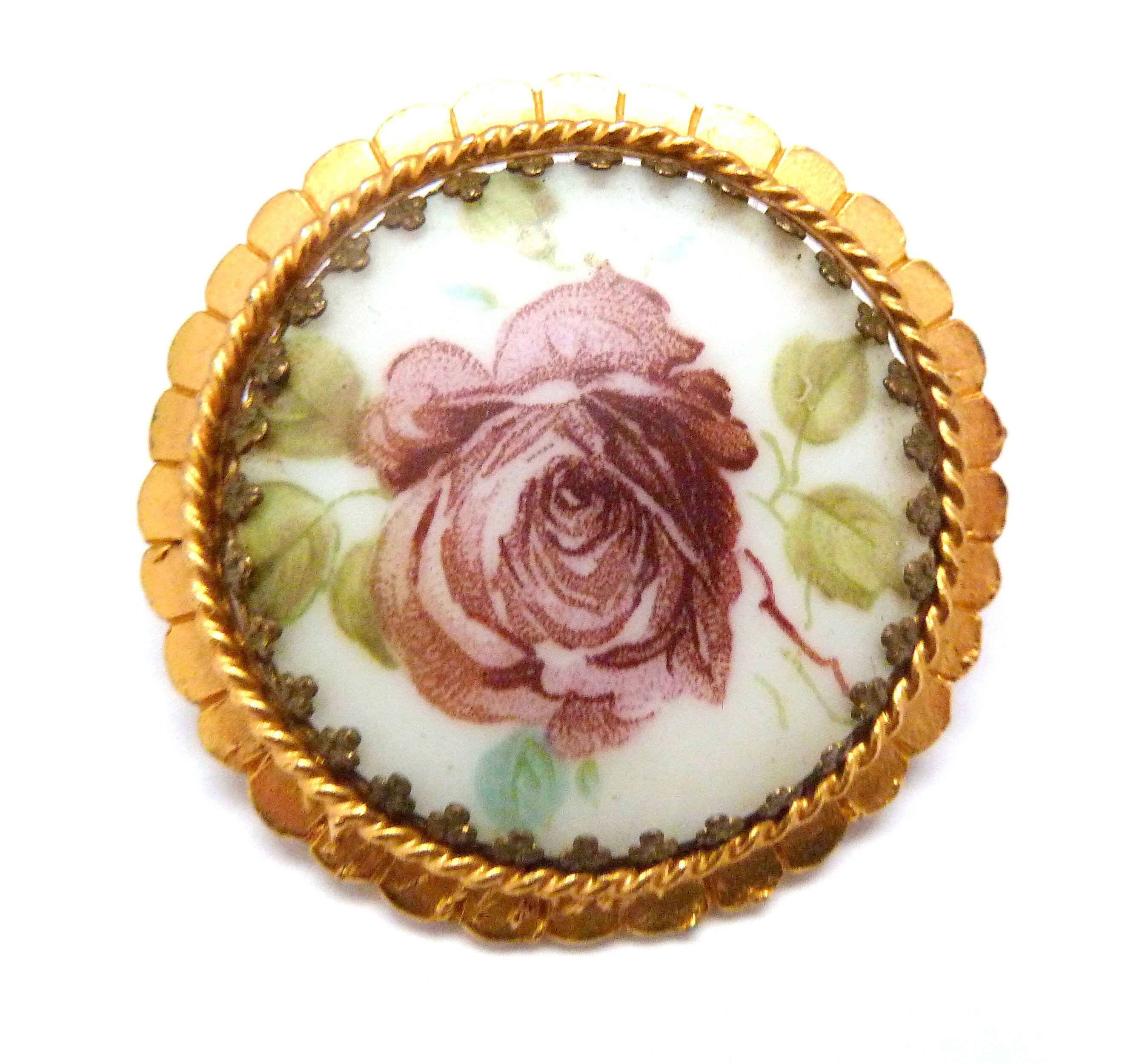 The Pink Rose Cottage Vintage Aurora Borealis Rhinestone Gold Brooch Pin