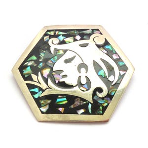 Vintage Large Alpaca Silver And Abalone Shell Mexican Made Aztec Warrior Style Brooch, 90s Jewellery