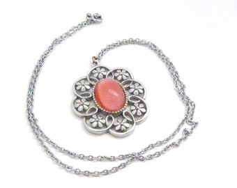 Vintage Large Pink Floral Design Pendant And Necklace, 80s Jewellery
