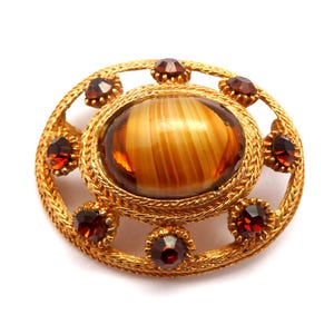 Vintage Large Rhinestone Detailed Modernist Style Faux Agate Marbled Porphyry Cabochon Set Statement Brooch, 70s Jewellery