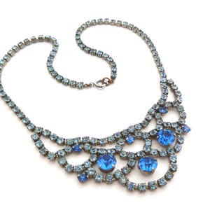Vintage  Blue Rhinestone Set Ornate Swag Drop Statement Choker Necklace, 50s Jewellery