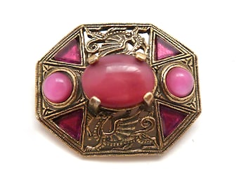 Spilla vintage con set di gemme rosa finte dal design del drago celtico miracoloso, gioielli degli anni '70 e '80