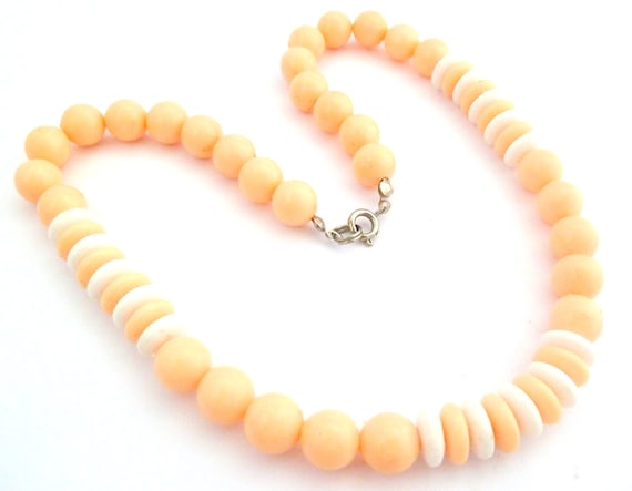 Vintage Necklace, Peach And White Disc Plastic Re… - image 1