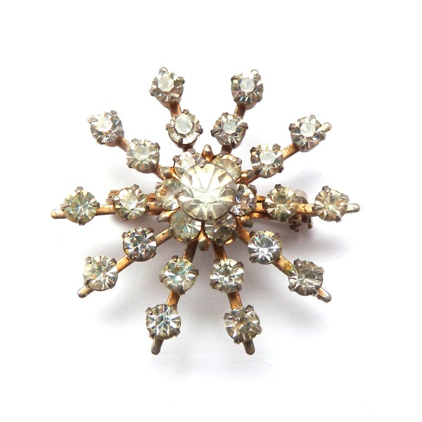 Vintage Rhinestone Set Atomic Age Snowflake Or Floral Style Pin, 50s Jewellery.